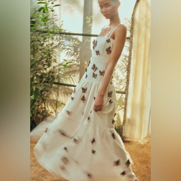 Agua By Agua Bendita Lima Embroidered Butterfly Linen Maxi Dress Size Small - Picture 4 of 16